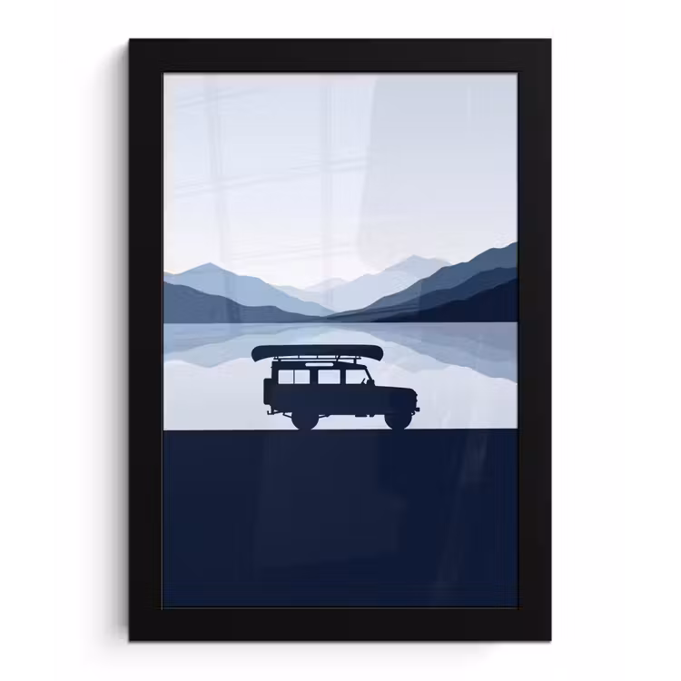 Auto - Meer - Bergen - Blauw fotolijst zwart zonder passe partout klein -3d