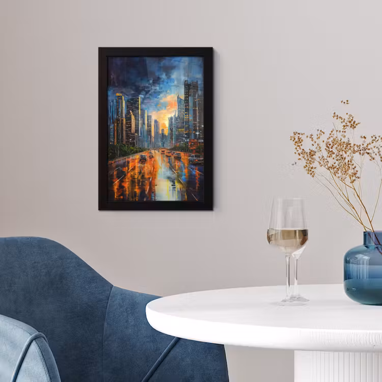 Auto - Skyline - Zon - Blauw fotolijst zwart zonder passe partout klein -sfeer4