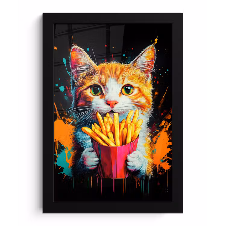Kat - Eten - Patat - Graffiti - Abstract fotolijst zwart zonder passe partout klein -3d