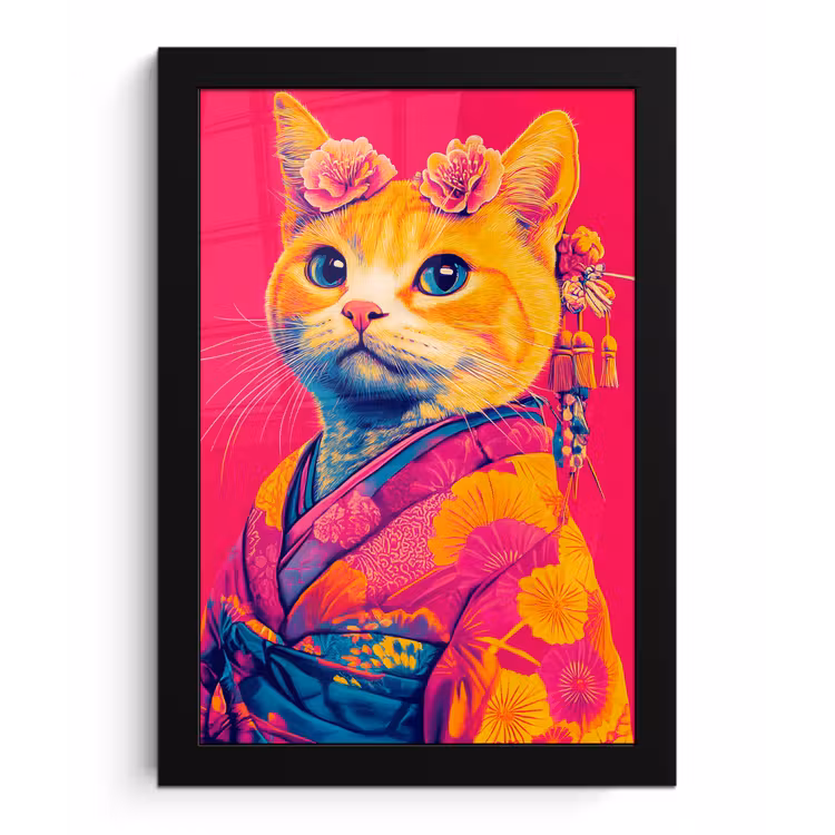 Kat - Kimono - Bloemen - Roze fotolijst zwart zonder passe partout klein -3d