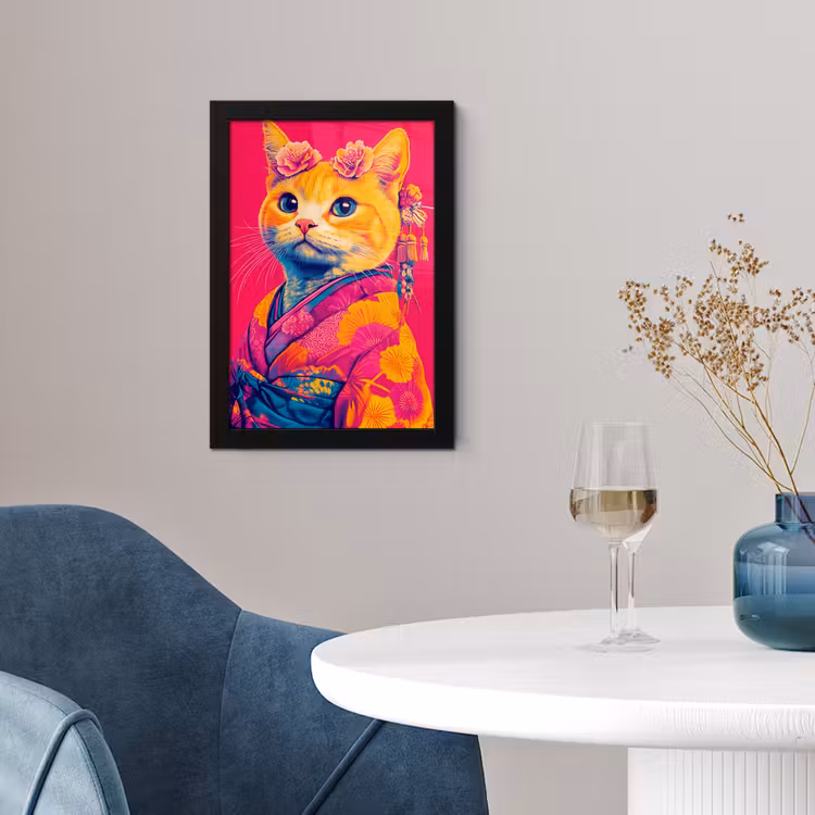 Kat - Kimono - Bloemen - Roze fotolijst zwart zonder passe partout klein -sfeer4