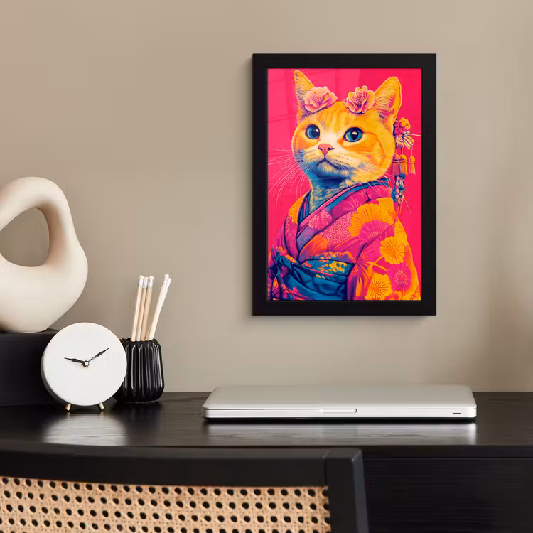 Kat - Kimono - Bloemen - Roze fotolijst zwart zonder passe partout klein -sfeer1