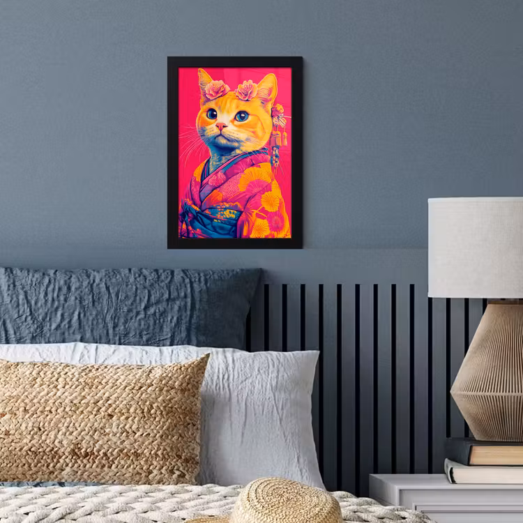 Kat - Kimono - Bloemen - Roze fotolijst zwart zonder passe partout klein -sfeer3