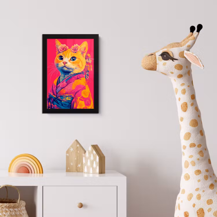 Kat - Kimono - Bloemen - Roze fotolijst zwart zonder passe partout klein -usfeer4_kinderkamer