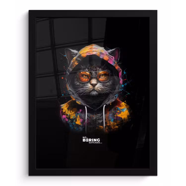 Kat met kleurrijk vest en oranje bril fotolijst zwart zonder passe partout klein -3d
