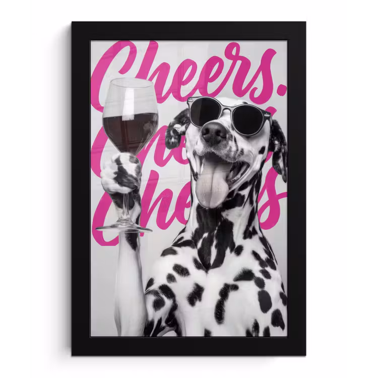 Cheers - Hond - Roze - Wijn fotolijst zwart zonder passe partout klein -3d