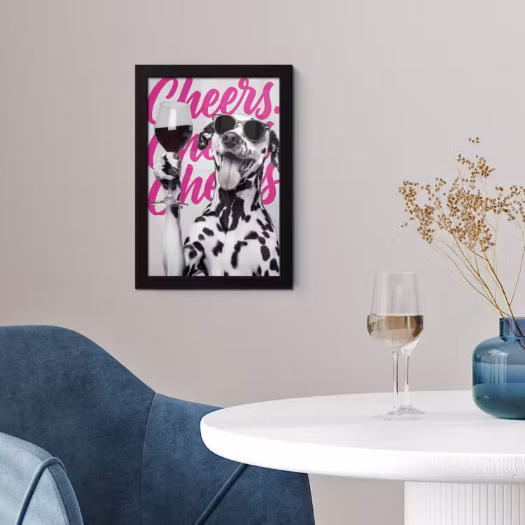 Cheers - Hond - Roze - Wijn fotolijst zwart zonder passe partout klein -sfeer4