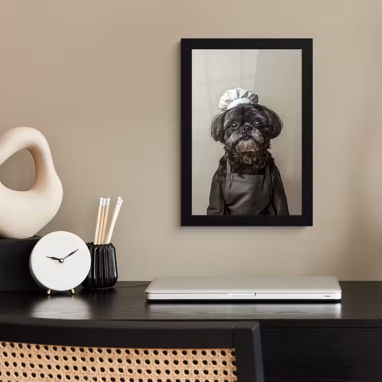 Kokskleding - Zwart - Hondje fotolijst zwart zonder passe partout klein -sfeer1