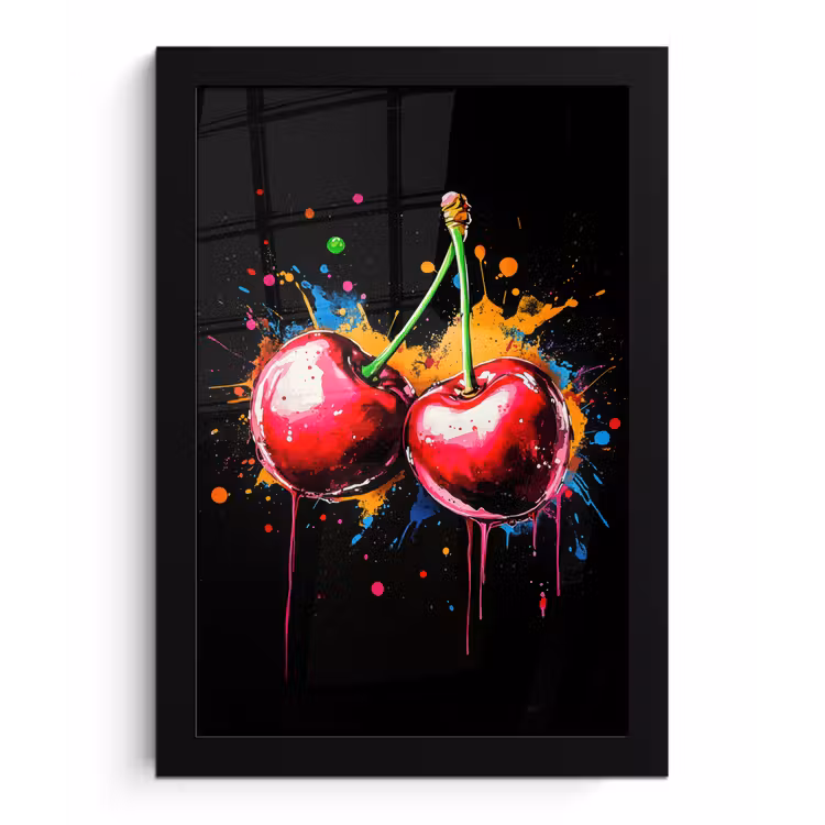 Kersen - Fruit - Graffiti - Verf - Abstract - Modern - Kleurrijk fotolijst zwart zonder passe partout klein -3d