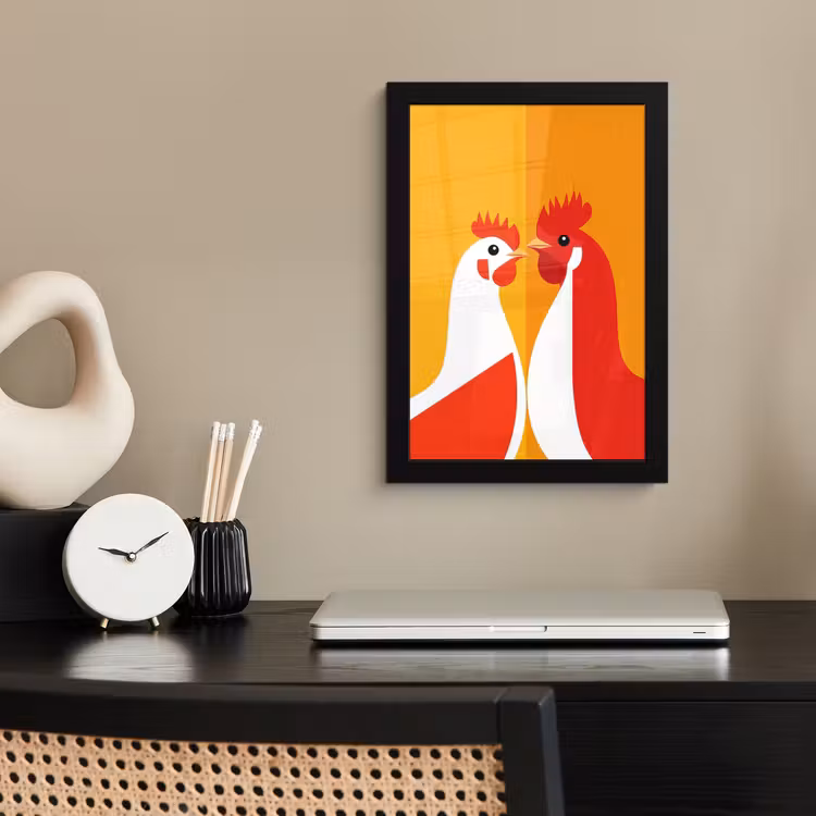 Kippen - Oranje - Vlakken fotolijst zwart zonder passe partout klein -sfeer1
