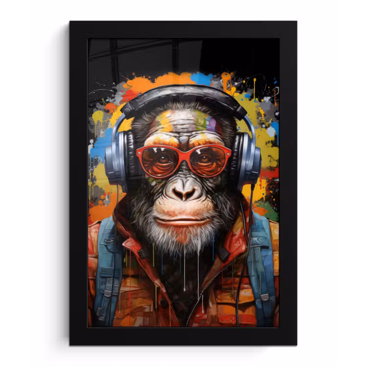 Chimpansee - Aap - dieren - Graffiti - Bril - Koptelefoon - Kleuren fotolijst zwart zonder passe partout klein -3d