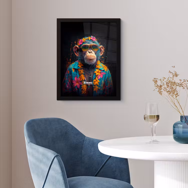 Chimpansee met Hawaii blouse fotolijst zwart zonder passe partout klein -sfeer4