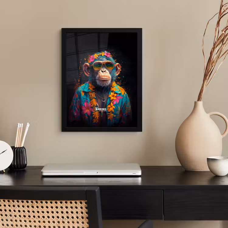 Chimpansee met Hawaii blouse fotolijst zwart zonder passe partout klein -sfeer1