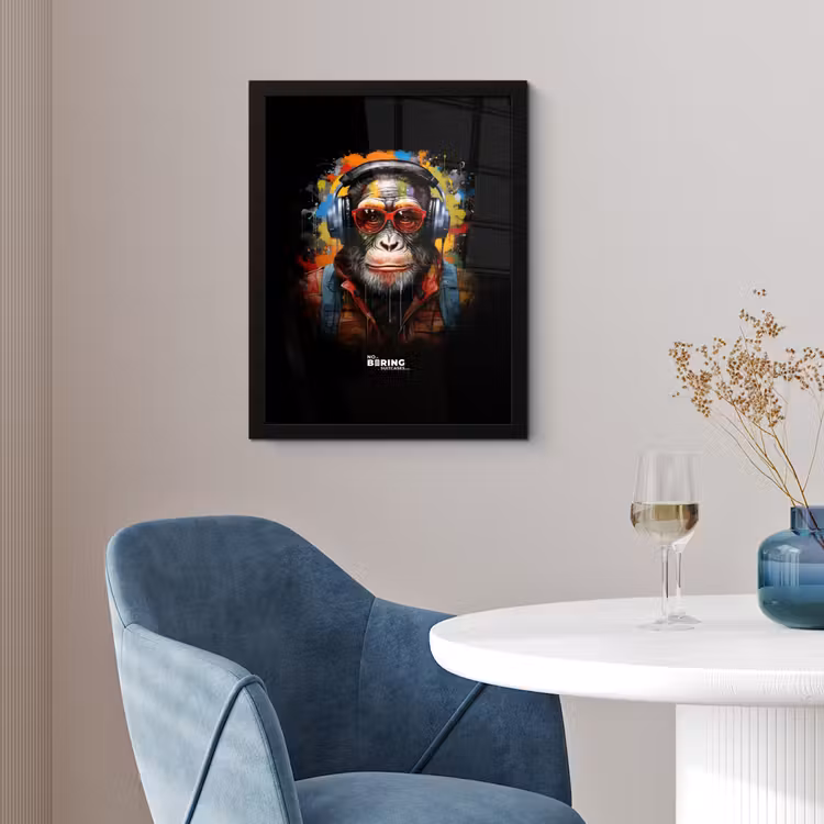 Chimpansee met koptelefoon en graffiti-spray fotolijst zwart zonder passe partout klein -sfeer4