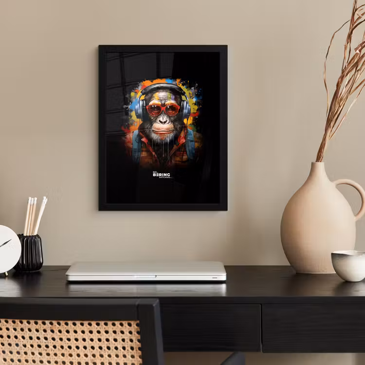 Chimpansee met koptelefoon en graffiti-spray fotolijst zwart zonder passe partout klein -sfeer1