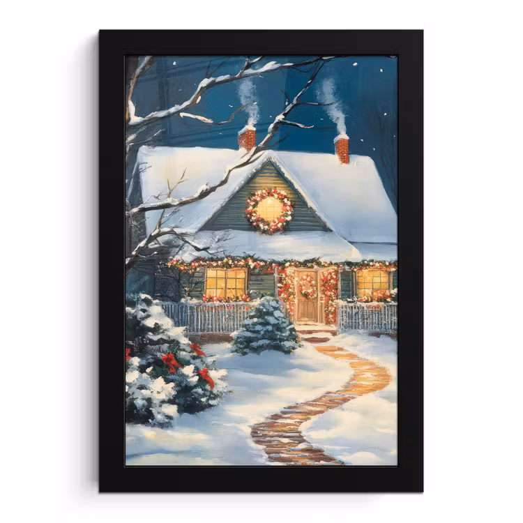 Kerst - Kerstboom - Winter - Huis - Sneeuw fotolijst zwart zonder passe partout klein -3d
