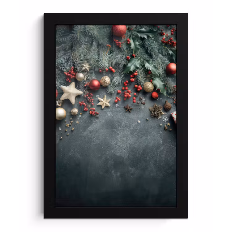 Kerstomlijsting - Hulst - Kleurrijk fotolijst zwart zonder passe partout klein -3d