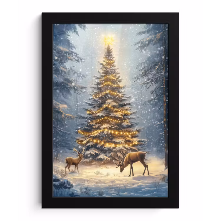 Kerstlicht - Woud - Hert - Donker fotolijst zwart zonder passe partout klein -3d
