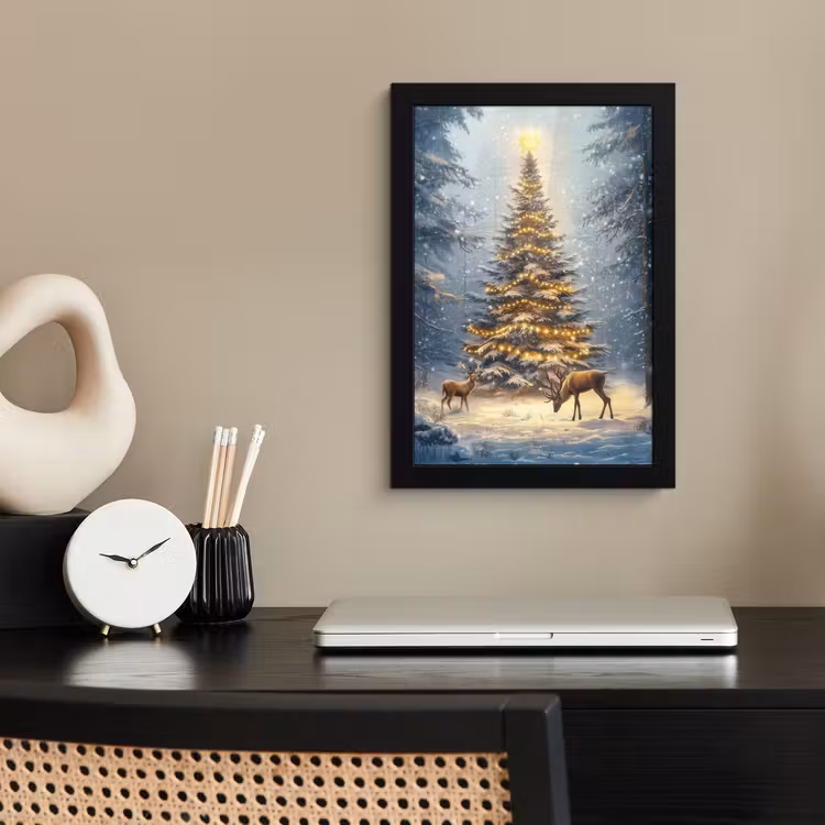 Kerstlicht - Woud - Hert - Donker fotolijst zwart zonder passe partout klein -sfeer1