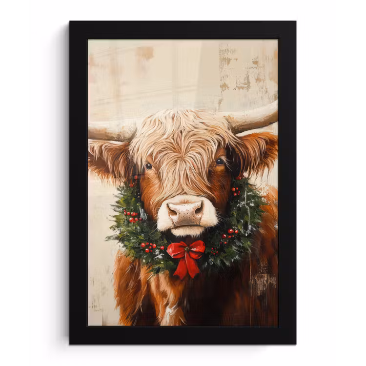 Kerst - Schotse Hooglander - Bruin - Krans fotolijst zwart zonder passe partout klein -3d