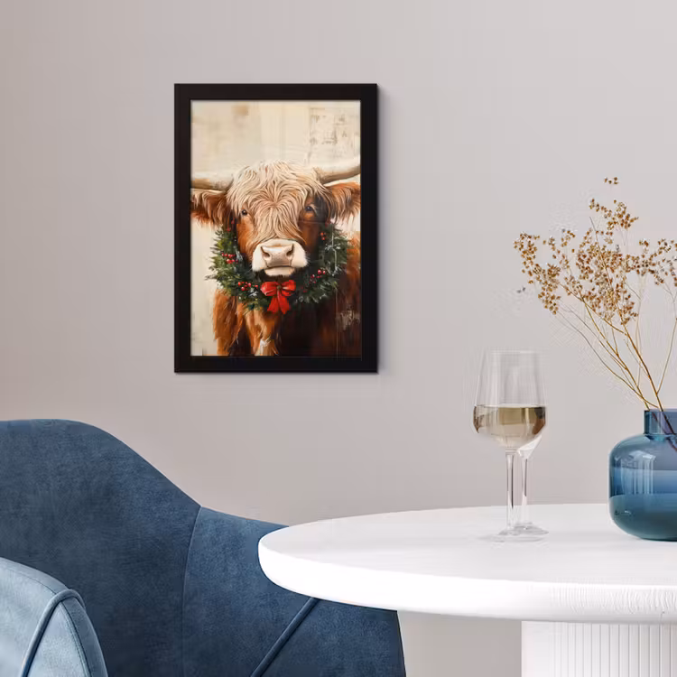 Kerst - Schotse Hooglander - Bruin - Krans fotolijst zwart zonder passe partout klein -sfeer4