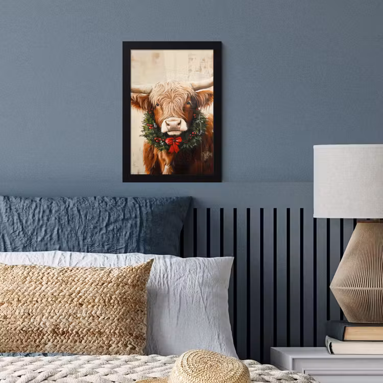 Kerst - Schotse Hooglander - Bruin - Krans fotolijst zwart zonder passe partout klein -sfeer3