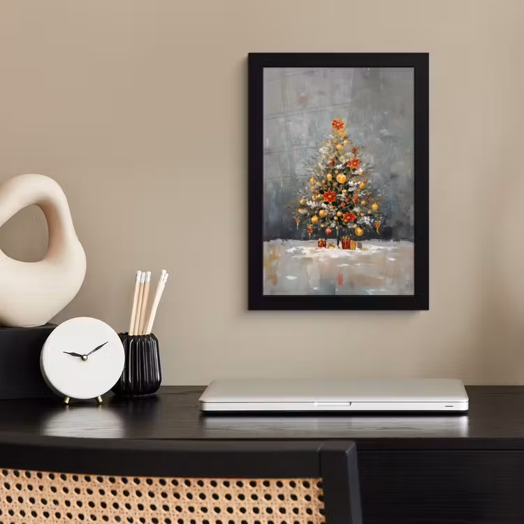 Kerstboom - Cadeaus - Rood - Goud fotolijst zwart zonder passe partout klein -sfeer1