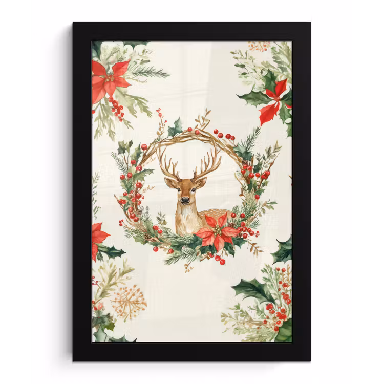 Kerstkrans - Hert - Hulst - Rood fotolijst zwart zonder passe partout klein -3d
