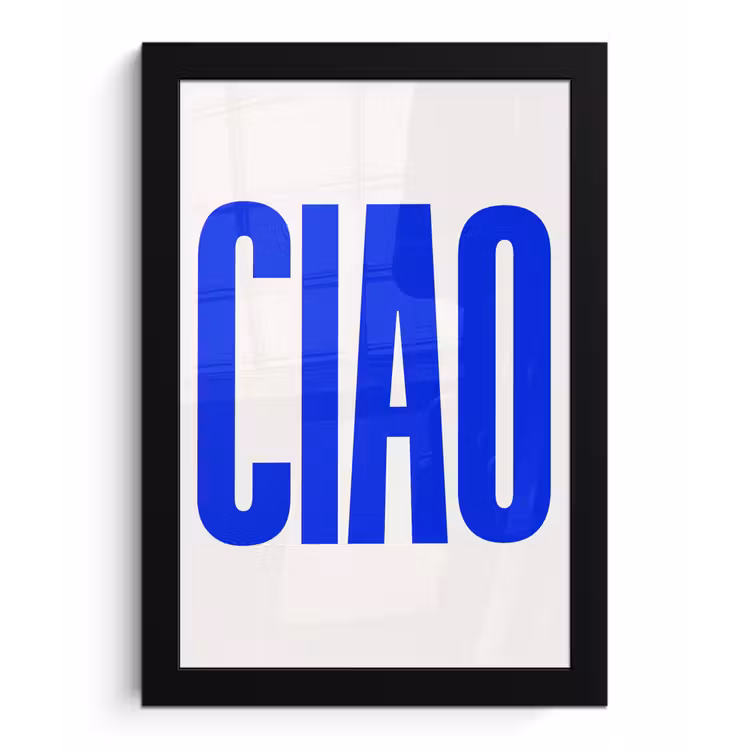 Ciao - Hoofdletters - Blauw - Minimalistisch fotolijst zwart zonder passe partout klein -3d