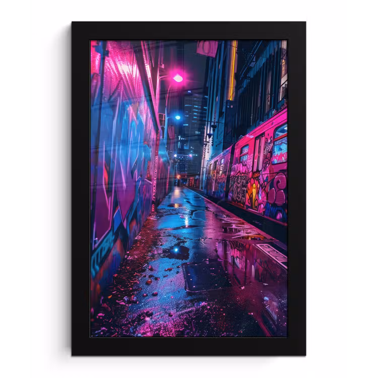 Stad - Neon - Nacht - Roze - Graffiti fotolijst zwart zonder passe partout klein -3d