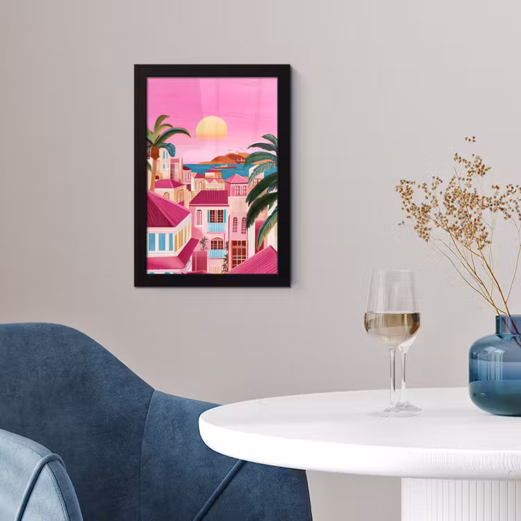 Stad - Roze - Palmbomen fotolijst zwart zonder passe partout klein -sfeer4