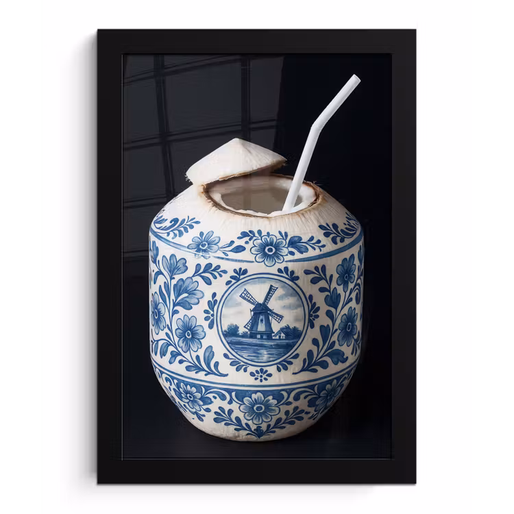 Kokosnoot - Eten - Delfts blauw - Drinken fotolijst zwart zonder passe partout klein -3d