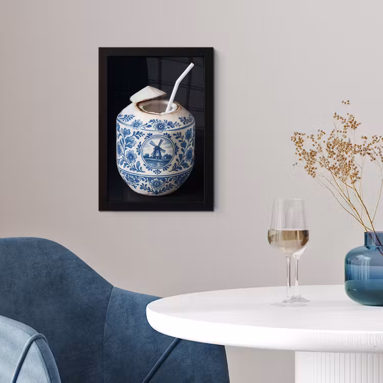 Kokosnoot - Eten - Delfts blauw - Drinken fotolijst zwart zonder passe partout klein -sfeer4