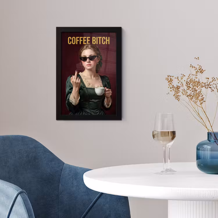 Koffie - Vrouw - Middelvinger fotolijst zwart zonder passe partout klein -sfeer4