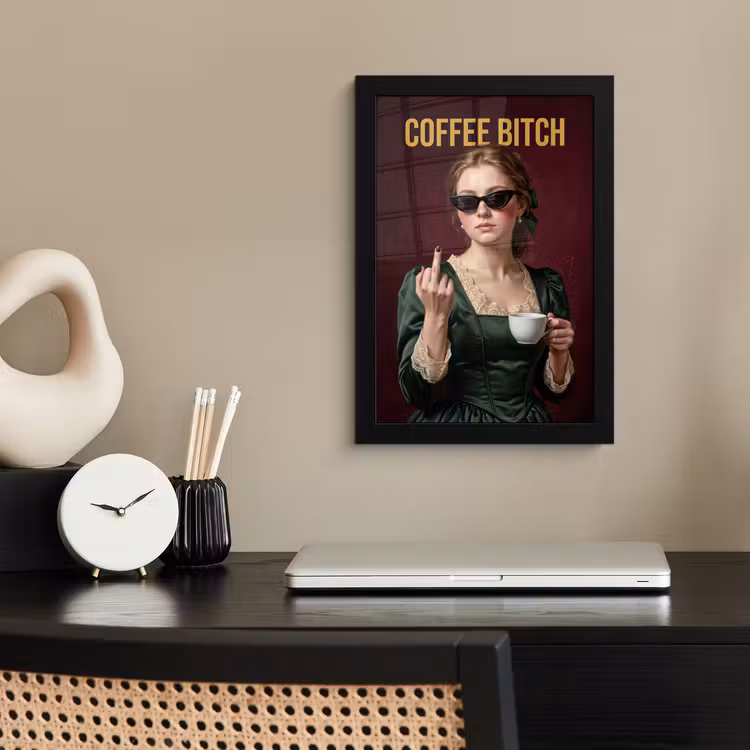 Koffie - Vrouw - Middelvinger fotolijst zwart zonder passe partout klein -sfeer1