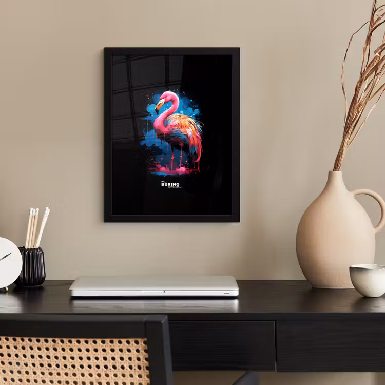 Gekleurde flamingo voor een verfexplosie fotolijst zwart zonder passe partout klein -sfeer1