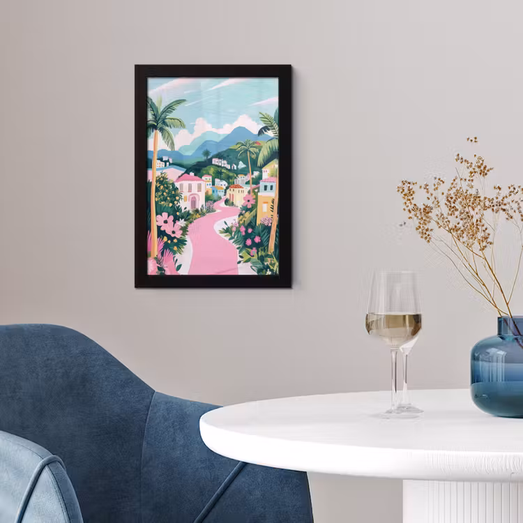 Kleurrijk - Huizen - Heuvels - Roze fotolijst zwart zonder passe partout klein -sfeer4