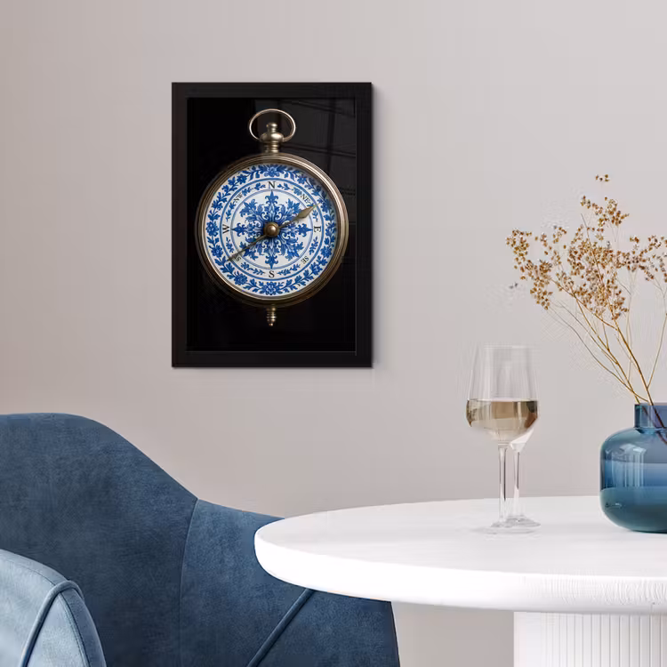 Kompas - Delfts blauw - Zwart fotolijst zwart zonder passe partout klein -sfeer4
