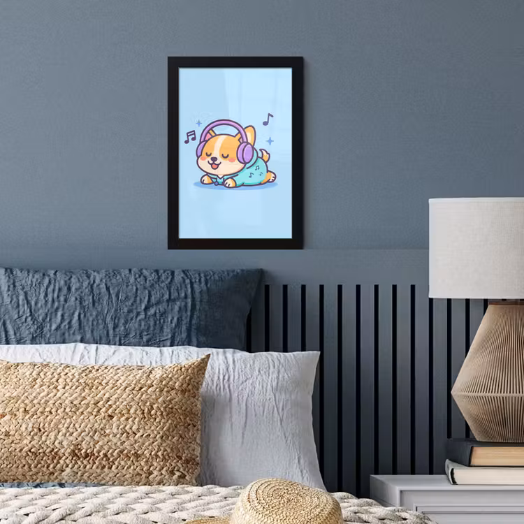 Corgi - Koptelefoon - Blauw - Muzieknoten fotolijst zwart zonder passe partout klein -sfeer3