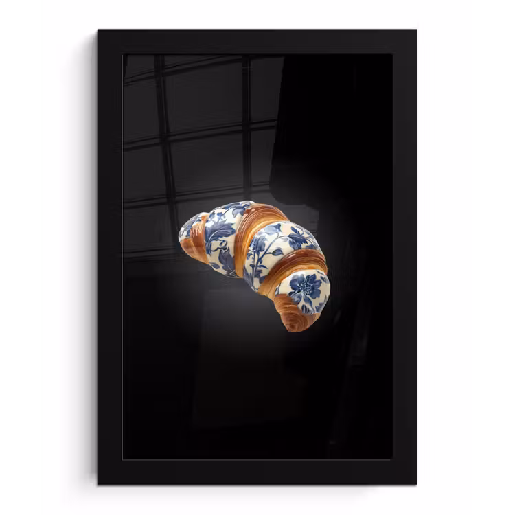 Croissant - Bloemenpatroon - Delftsblauw fotolijst zwart zonder passe partout klein -3d