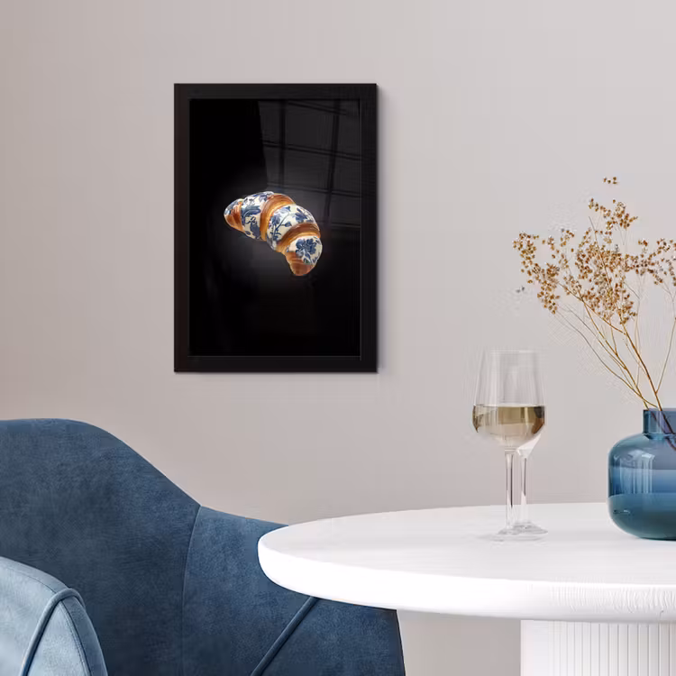 Croissant - Bloemenpatroon - Delftsblauw fotolijst zwart zonder passe partout klein -sfeer4