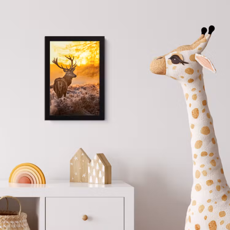 Hert - Dieren - Zonsondergang - Winter - Heide - Natuur fotolijst zwart zonder passe partout klein -usfeer4_kinderkamer