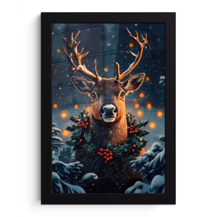 Hert - Kerst - Winter - Sneeuw - Kerstkrans fotolijst zwart zonder passe partout klein -3d