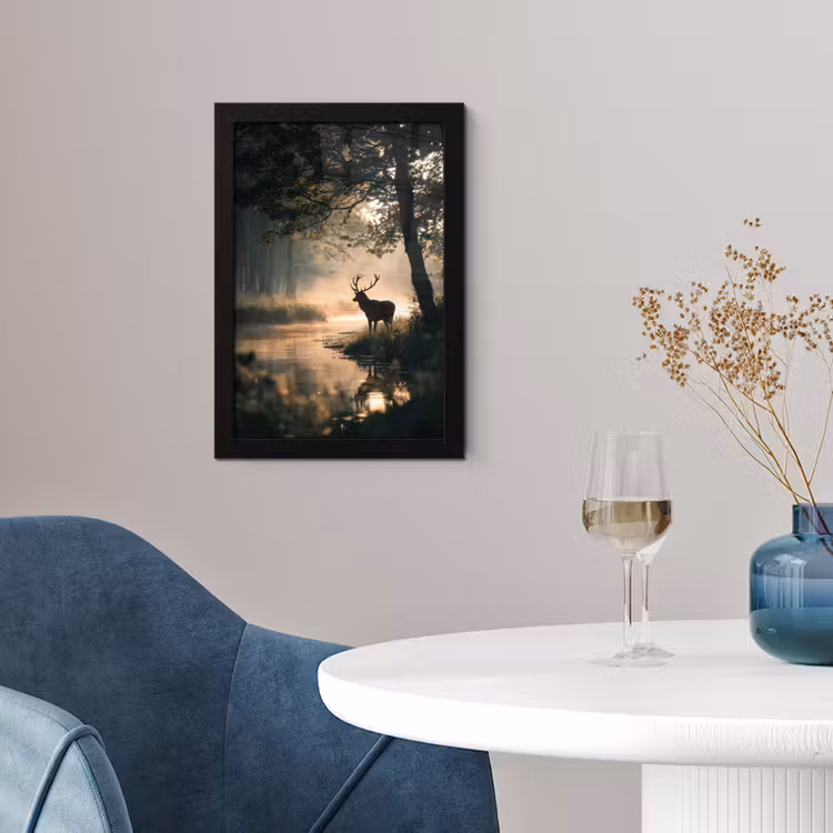 Hert - Bosbeek - Mystiek fotolijst zwart zonder passe partout klein -sfeer4