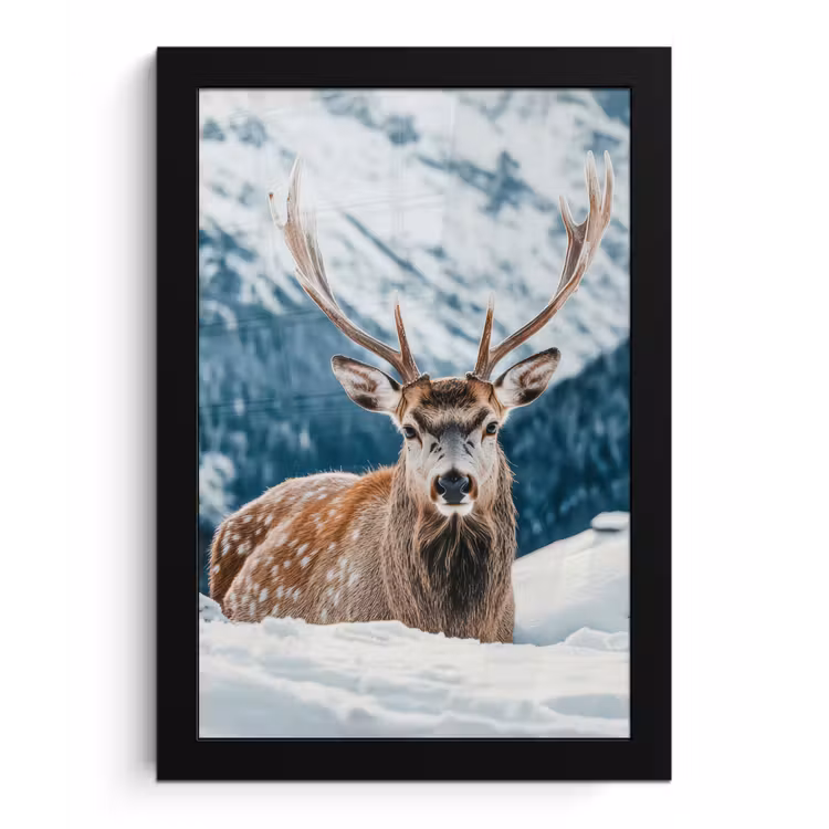 Hert - Landschap - Winter - Natuur - Dieren - Bergen fotolijst zwart zonder passe partout klein -3d