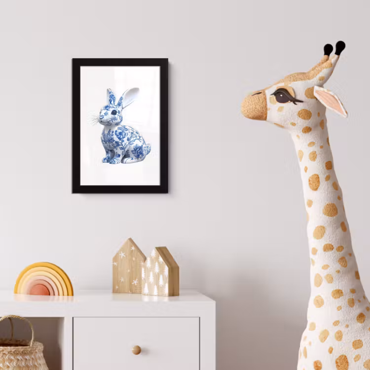 Delftsblauw - Haasje - Wit fotolijst zwart zonder passe partout klein -usfeer4_kinderkamer