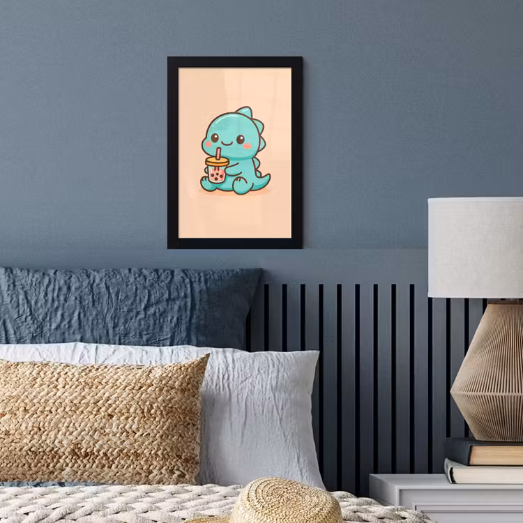 Dino - Boba - kawaii - Oranje fotolijst zwart zonder passe partout klein -sfeer3