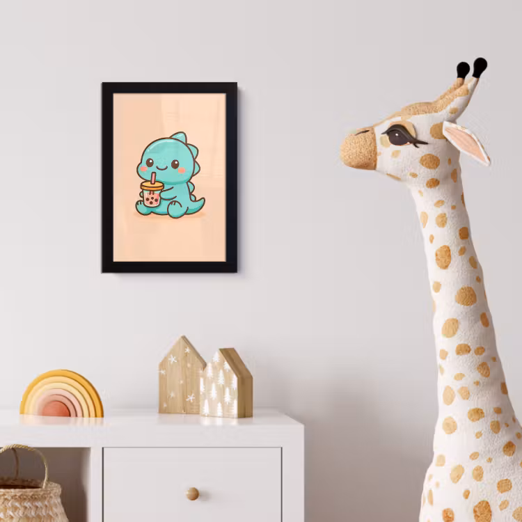 Dino - Boba - kawaii - Oranje fotolijst zwart zonder passe partout klein -usfeer4_kinderkamer