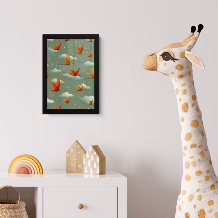 Dinosaurussen - Wolken - Sterren - Oranje fotolijst zwart zonder passe partout klein -usfeer4_kinderkamer