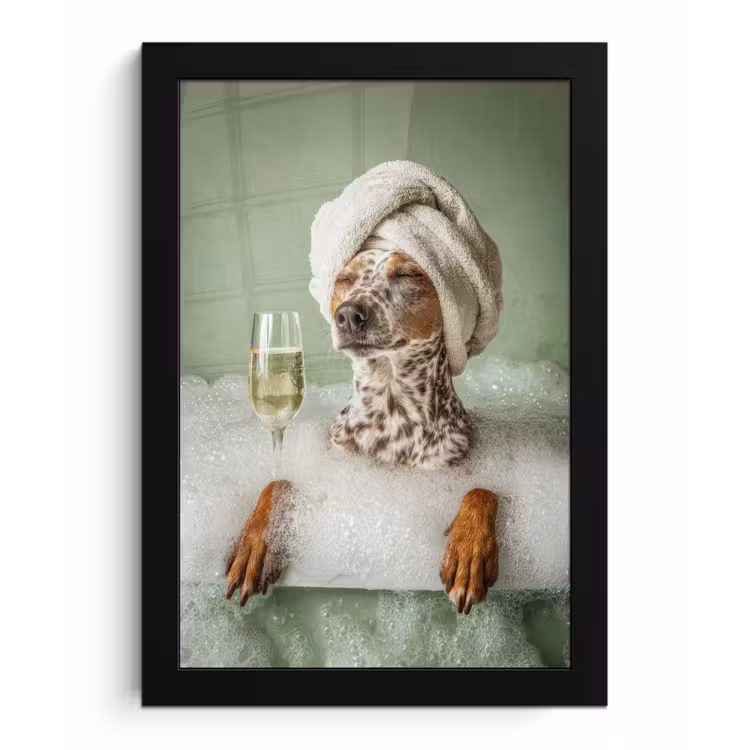 Hond - Bad - Champagne - Handdoek fotolijst zwart zonder passe partout klein -3d